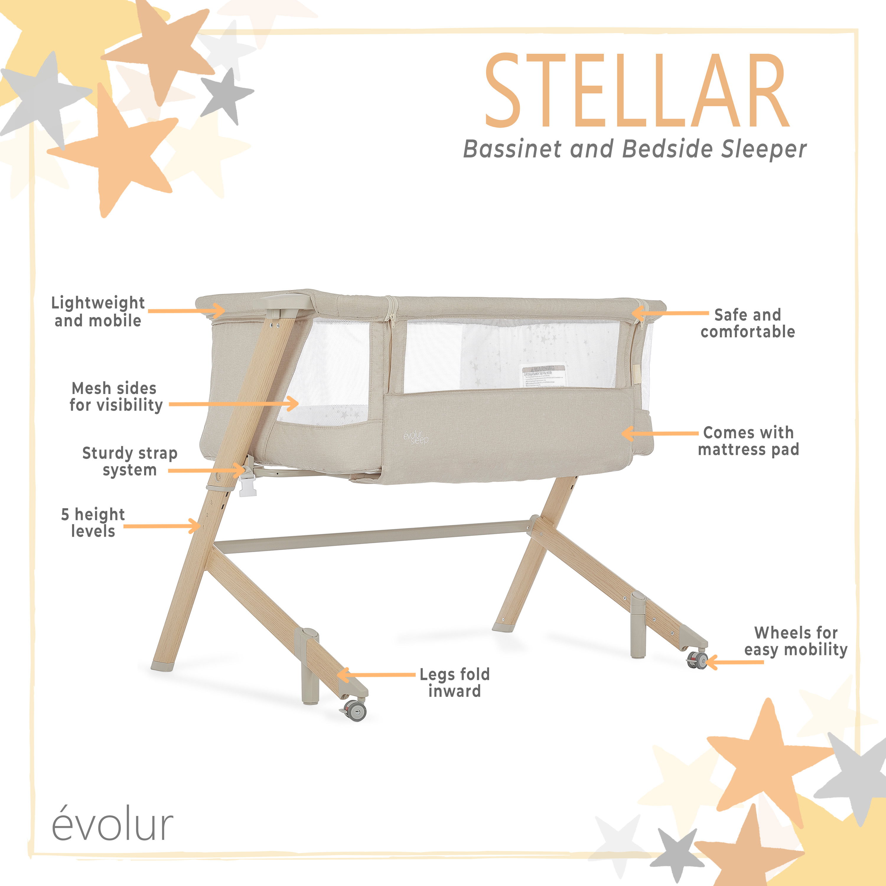 Evolur Stellar Bassinet & Bedside Sleeper - Adjustable Height, Portable, With Mattress (Beige)