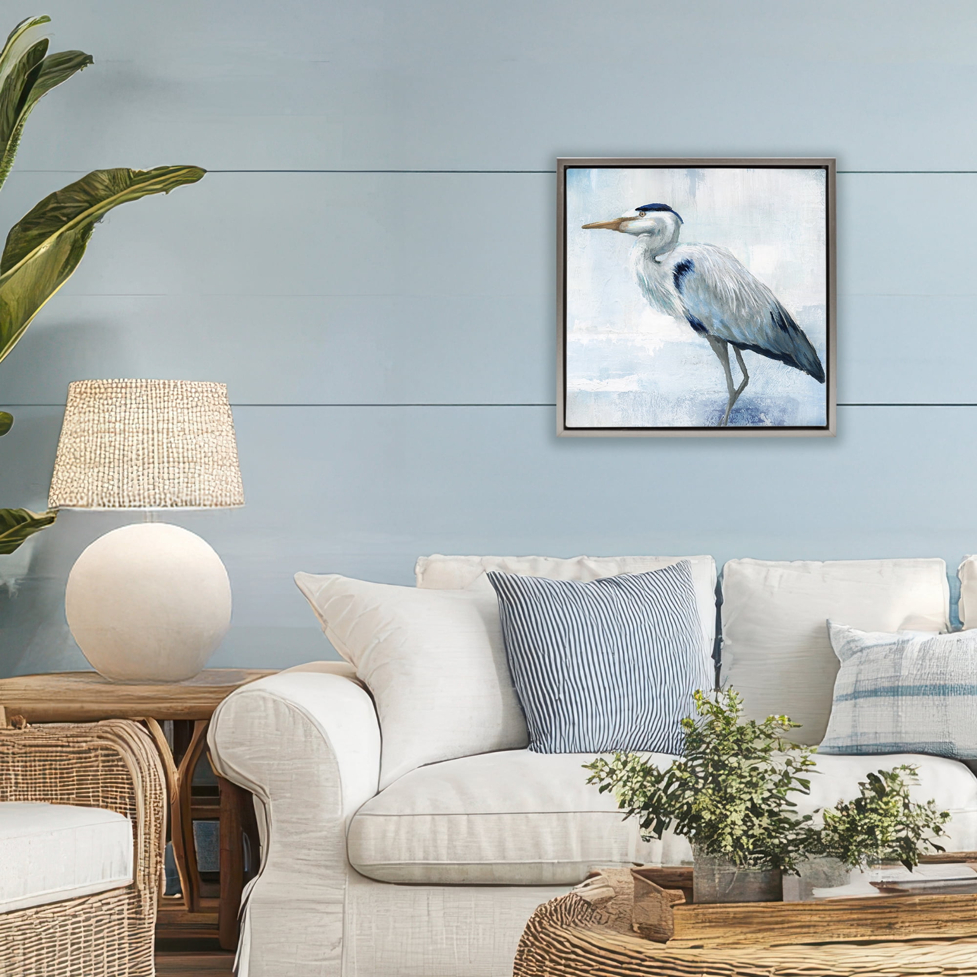 Stupell Industries Faded Blue Heron Gray Framed Floater Canvas Wall Art, design by Nan