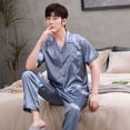 thumbnail image 2 of Pijamas de seda de imitación para hombre, pantalones de verano de manga corta, pantalones de hombre para estar en casa, primavera, seda de hielo, dos piezas, 2 of 6