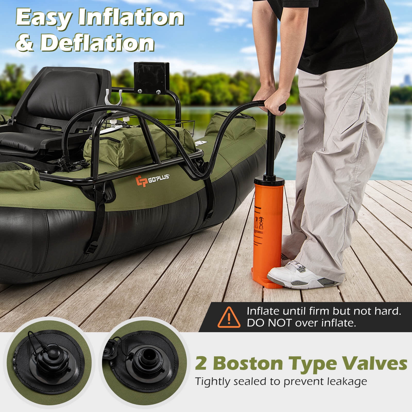 Goplus Inflatable Fishing Float Tube with Foldable Padded Seat, Adjustable Footrest, Pump