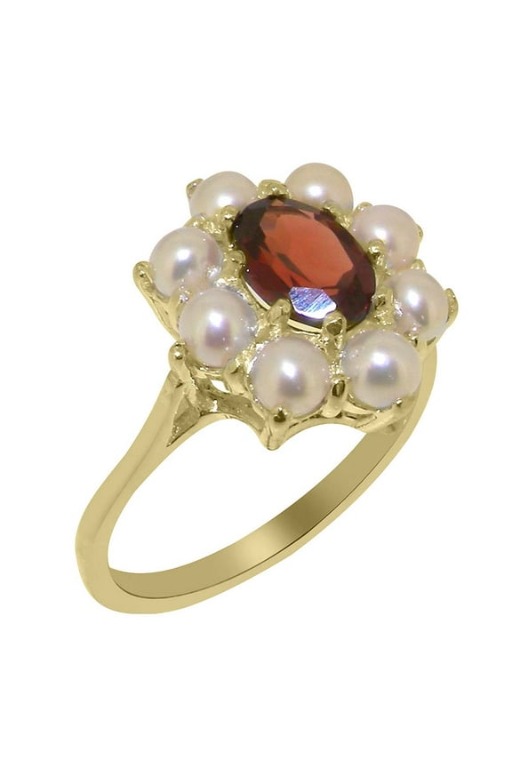 LBG British Made 9k Yellow Gold Natural Garnet & Cultured Pearl Womens Statement Ring - 33 size options - Size 9