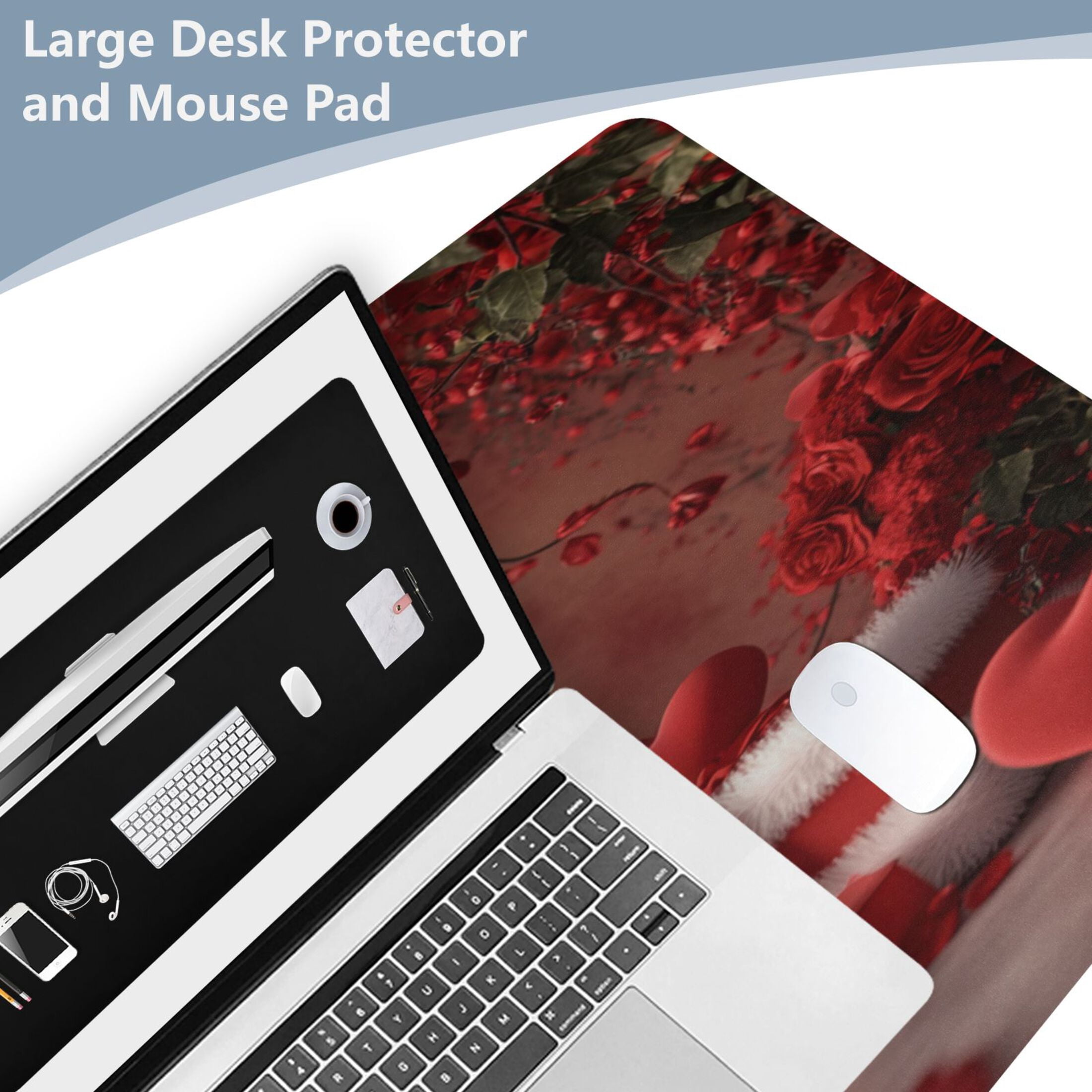Leather Keyboard and Mouse Desk Mat Office Desk Accessories Protective Office Desk Decor Desk Pad Mat for Gaming, Work from Home, Office Red Roses and Heart Balloons 23.6" x 47.2"