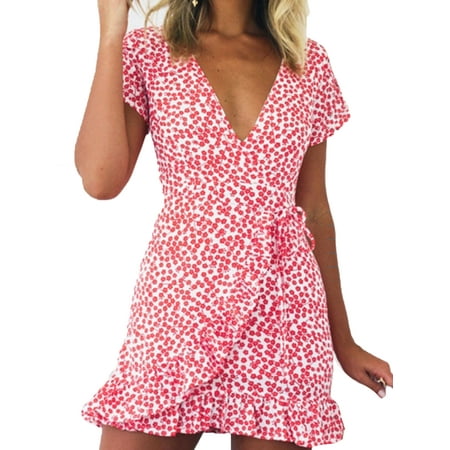 Ruffled Wrap Dress - Women's Floral Plunge V Neck Ruffle Wrap Dress