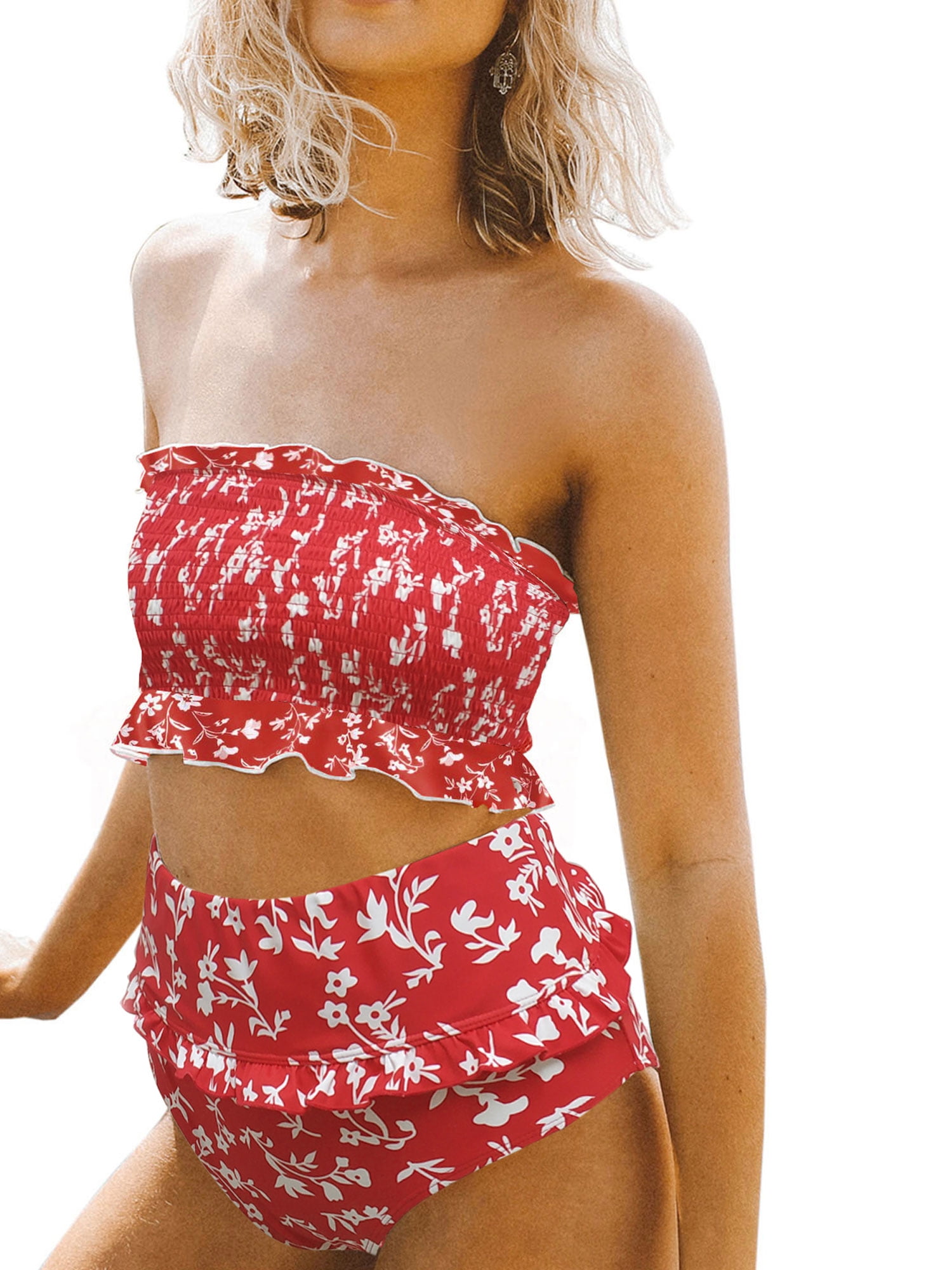 Womens Cute High Waist Strapless Smocked Bikini Sets Swimsuit Bathing Suit Floral Print Swimwear