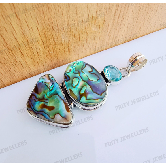 Natural Abalone Shell 925 Sterling Silver Handmade Large Antique Pendant