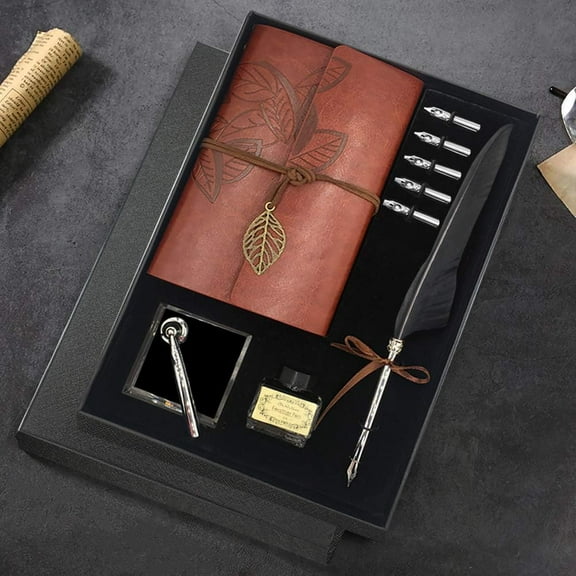 Quill Pen and Ink Set, Antique Dip Calligraphy Pen Set, including Pen, 5 Replacement Nibs, Pen Nib Base, Notebook, Ink, Box, Gifts for Men Dad (Black)