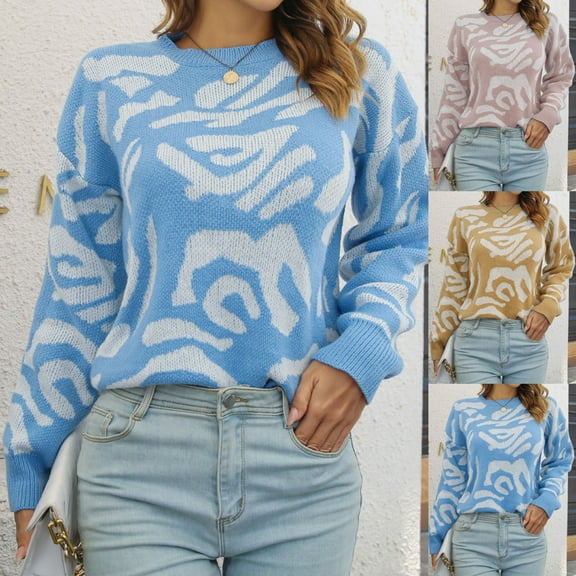 Utoimkio Women's Winter Knit Sweaters Long Sleeve Crewneck Loose Color Block Pullover Sweaters Winter Knitted Outwear Jumper Tops