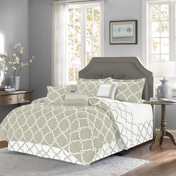 7Piece Reversible Geometric Galaxy Comforter Set Oversized Taupe