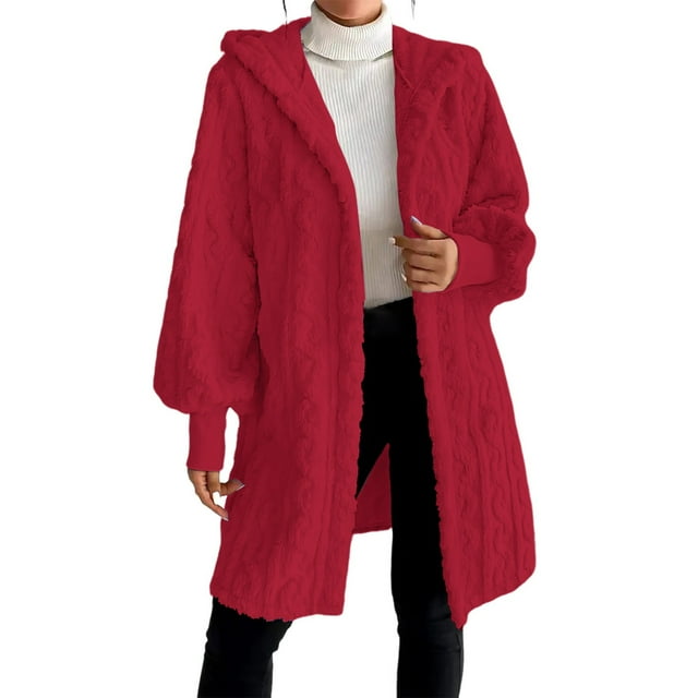 Jindong Manteau de Mode pour Femmes, Manteau à Capuche à Manches Longues Uni, Manteaux pour Femmes Rouge