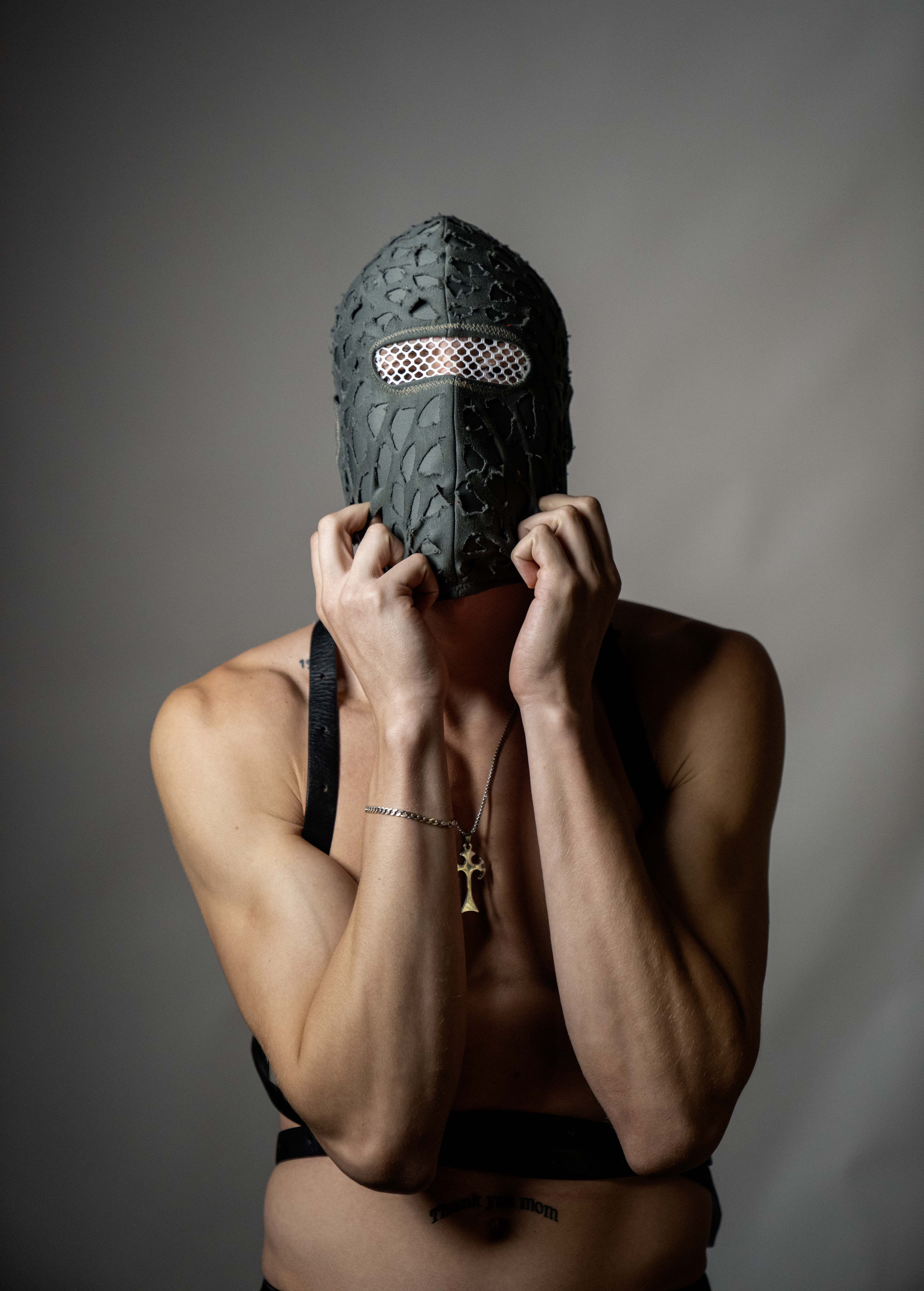 Handmade balaclava ski mask, torn and tattered, shabby tacky cotton ragged full face cover and protector Fragmented, unisex, all ages