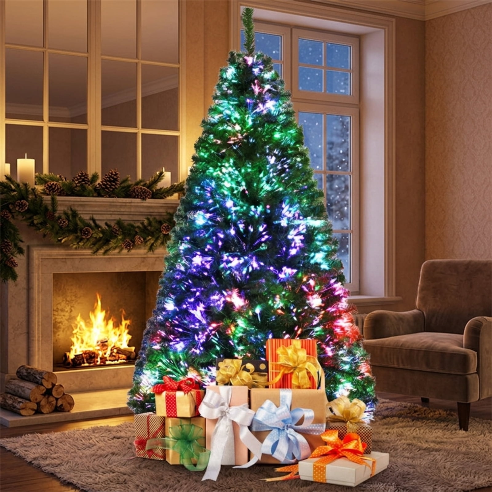 RUIE, 6 ft, Artificial Christmas Tree, with LED Fiber Optic Lights, 617 Branch Tips, Green Holiday Xmas Tree for Indoor Home Office Decoration