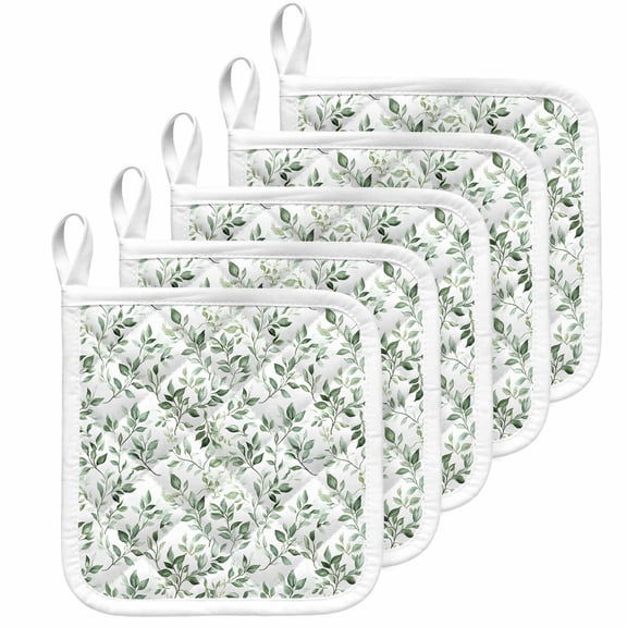 Sage Green Leaf Pot Holders for Kitchen Heatproof Potholder, 5 Pack Country Eucalyptus Nature Plant Branch Hot Pads Multipurpose Oven Pads Cloth Potholders Trivet for Cooking Baking
