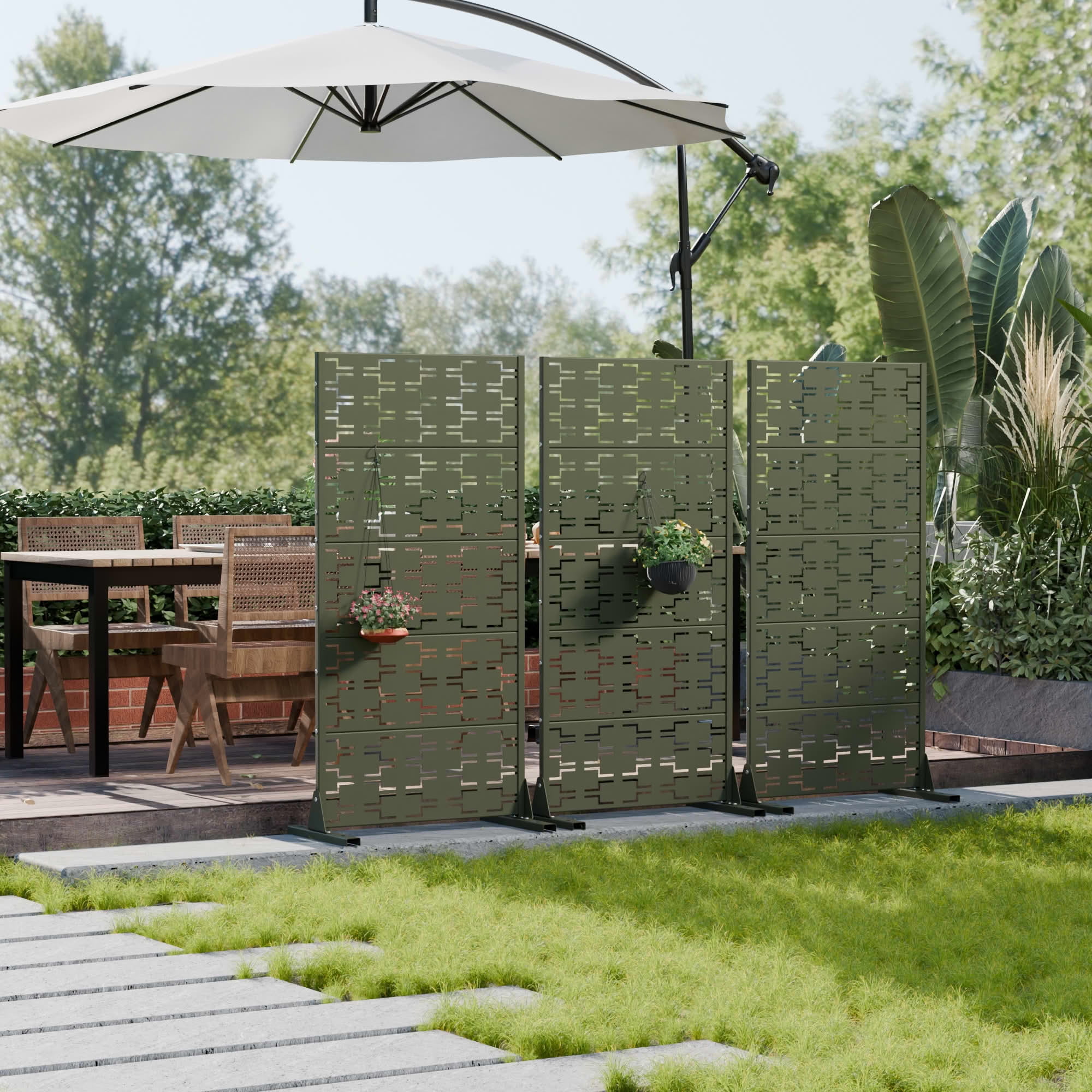 MAYEERTY Outdoor Metal Privacy Screen 5ft Olive Gray, 5-Panel Brick Pattern Decorative Screen for Garden