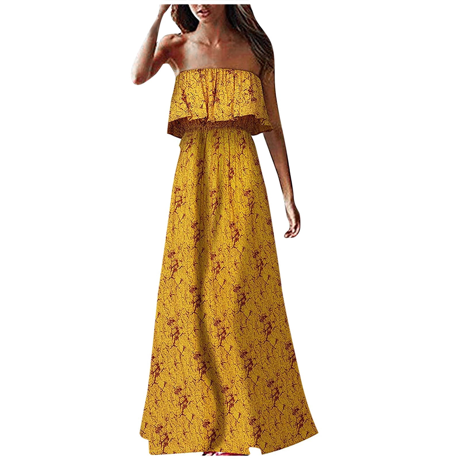 OTEMRCLOC Women Off Shoulder Sexy Tube Top Dress Ruffle Strapless Boho Maxi Long Dress Yellow S