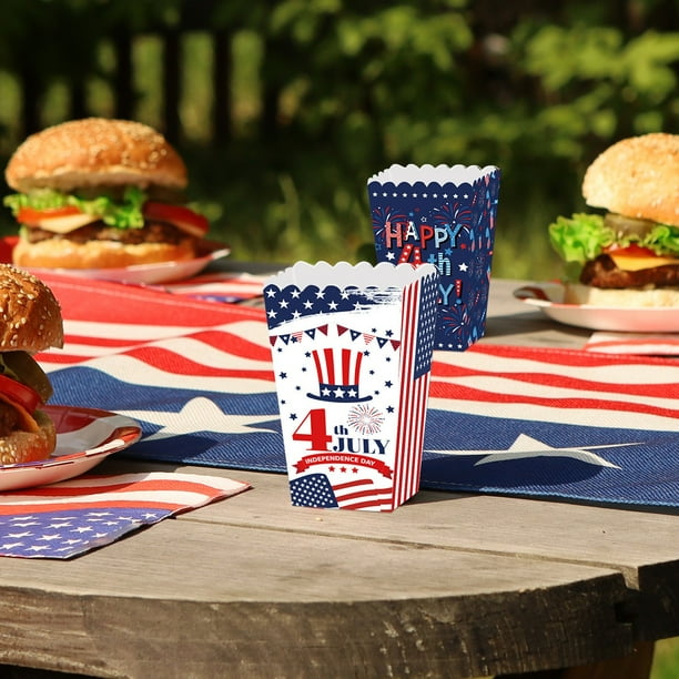 Xihbxyly Caja de Palomitas de Maíz Del Día de La Independencia, Diseño Patriótico En Rojo, Blanco y Azul, Desechable y Ecológica, Versátil, Ideal para Barbacoas y Picnics, Juego de 8 Cajas.