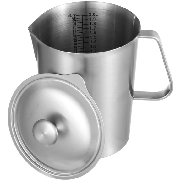 Stainless Steel Pitcher with Lid, 70 oz Measuring Cup with Dual-Scale Markings, Milk Frothing Jug, Large Beaker for Espresso Machine, Hot/Cold Water, Latte Art, Iced Tea