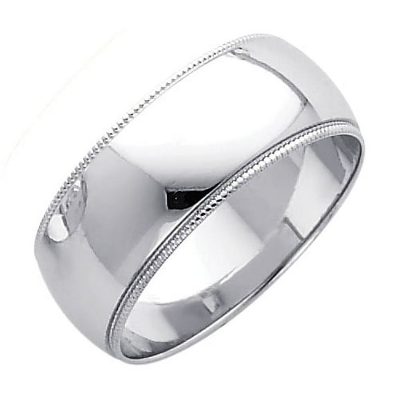 Solid 14k White Gold Milgrain Wedding Band Plain Ring Heavy Polished Finish Regular Fit, 8 mm Size 5