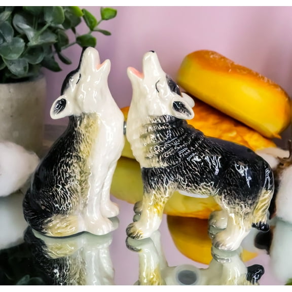 Woodlands Spirit Gray Wolf Pups Moon Howling Ceramic Salt And Pepper Shakers Set