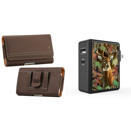 

Holster and Wall Charger Bundle for Samsung Galaxy XCover6 Pro: PU Leather Magnetic Belt Pouch Case (Brown) and 45W 2 Port (Power Delivery USB-C USB-A) Power Adapter (Deer Hunter Camo)