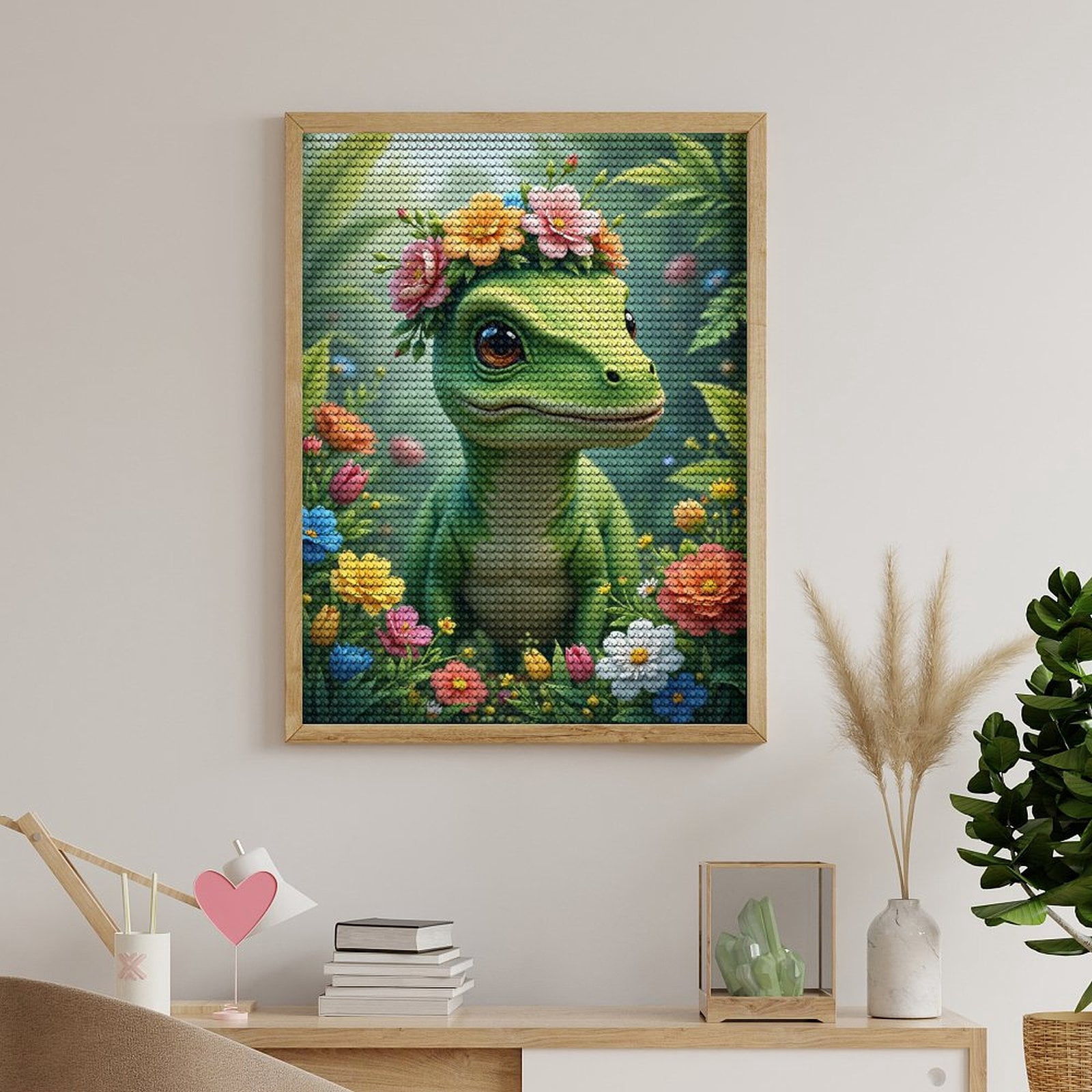 Diamond Art Kits for Adults, Young Dinosaur Flower Crown Beauty 5D Diamond Painting Kits for Adults Beginners, DIY Full Drill Diamond Painting, Gem Art and Crafts 12x16