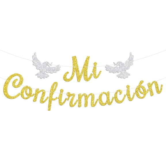 Mi Confirmación Banner, Spanish First Holy Communion, 1st Birthday, Christening Baptism Baby Shower Party Decorations Supplies, Gold Glitter