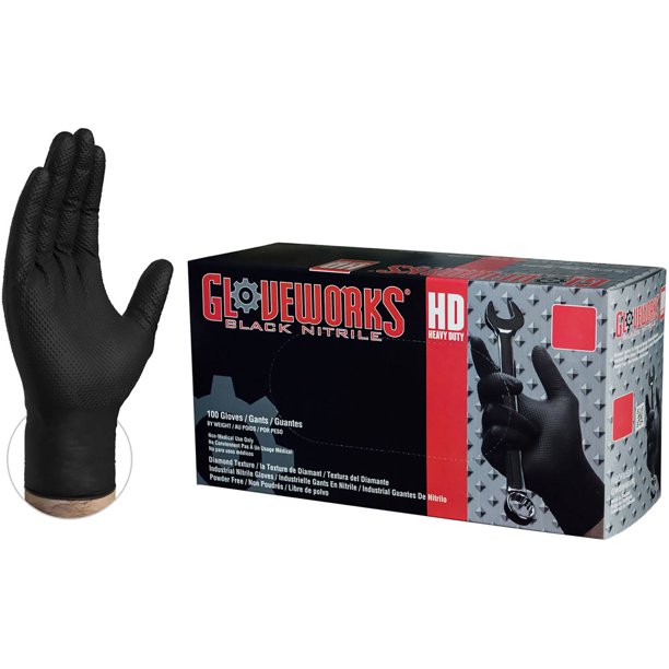 Gloveworks Heavy Duty Black Nitrile Industrial Diamond Textured