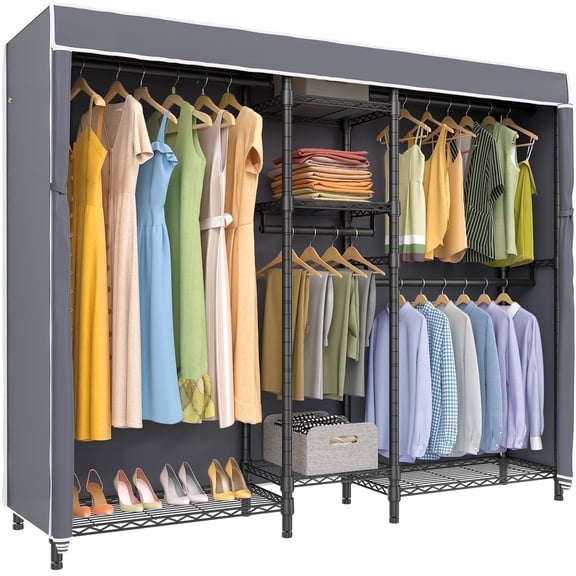 VIPEK Classic V6C 5 Tiers Wire Garment Rack Heavy Duty Covered Clothes Rack, Compact Wardrobe Closet Metal Clothing Rack with Oxford Fabric Cover, 70.1" L X 17.3" W X 76.4" H, Max Load 870 LBS, Gray