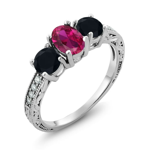 Gem Stone King 1.92 Ct Oval Red Created Ruby Black Onyx 925 Sterling Silver Moissanite Ring (Size 9)