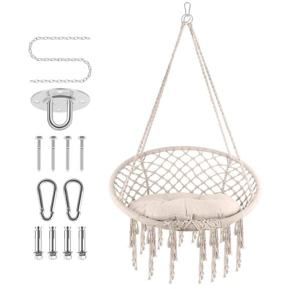 Handmade Knitted Hanging Chair, Hanging Chair with Medium Cushion, Hammock Chair Macrame Swing for Indoor/Outdoor Bedroom, Patio, Garden