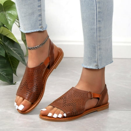 

Sandals Women Women Shoes Hollow Out Solid Color Flat Bottom Breathable Shoes Pu Brown 38