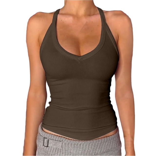 DondPO Womens Tank Tops,Lady V Neck Racer Back Tank Top For Women Padded Ribbed Long Tank Fitted Basic Tops,Halter Tops for Women,Womens Loose Tank Tops Clearance! Brown S Clearance!