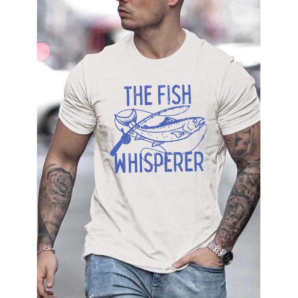 Camiseta informal para hombre: cuello redondo, tejido ligeramente elástico, corte regular, estampado "El Susurrador de Peces", ropa informal de verano, camisetas informales.
