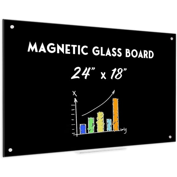 Black Dry Erase Board, 24" x 18" Magnetic Glass Whiteboard for Wall, Black Glass White Board with 1 Marker Tray and 3 Magnets for Office, Home, Classroom
