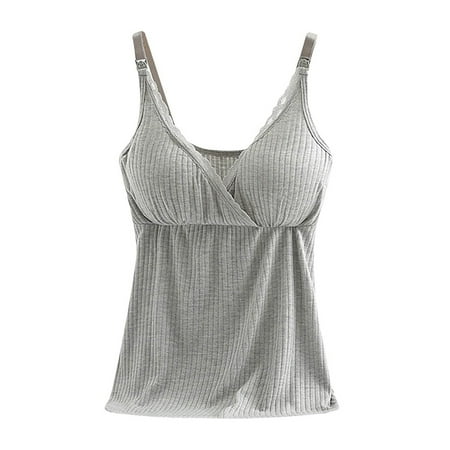 BRDFRL Nursing Cami Tank Tops for Breastfeeding Women with Built in Bra Sleeveless V Neck Camisole Soft Comfy Pregnant Shirts Light Gray 2XL