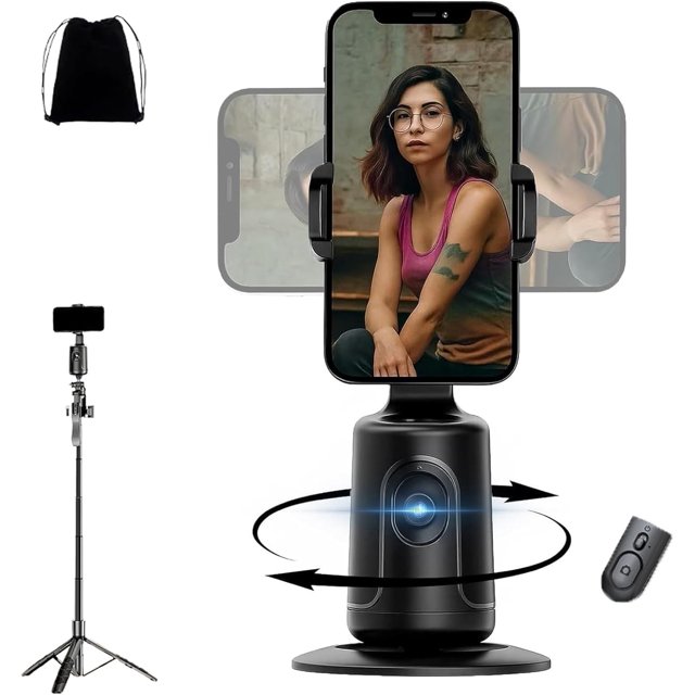 Shoplyhube Smart AI Facial Recognition Phone Tripod, Auto Face Tracking for iPhone Android, 360° Rotation Phone Stand, Rechargeable Smart Shooting Stand (Black, with Remote and Tripod)