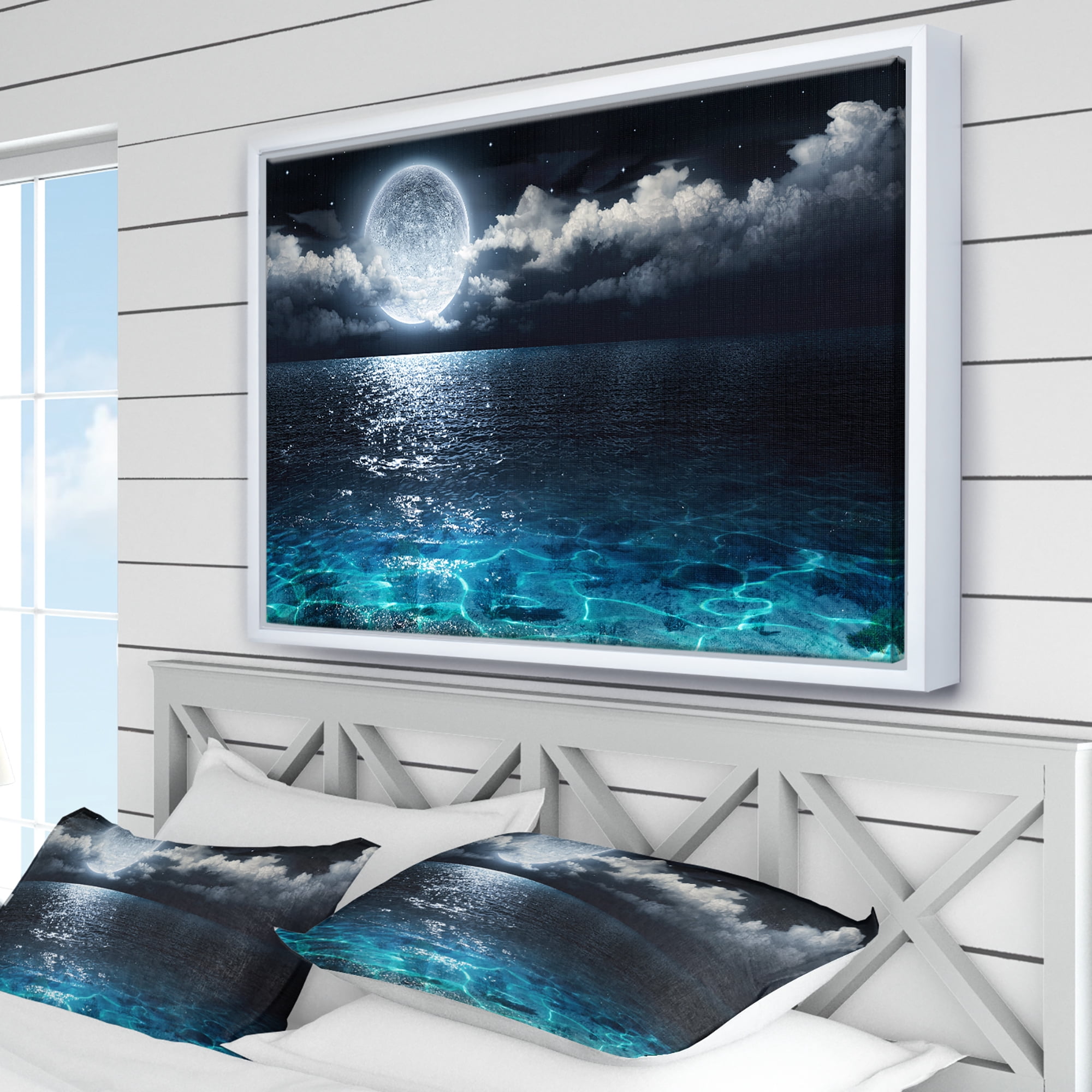 Designart ' Romantic Full Moon Over Sea ' Seascape Framed Canvas Art Print
