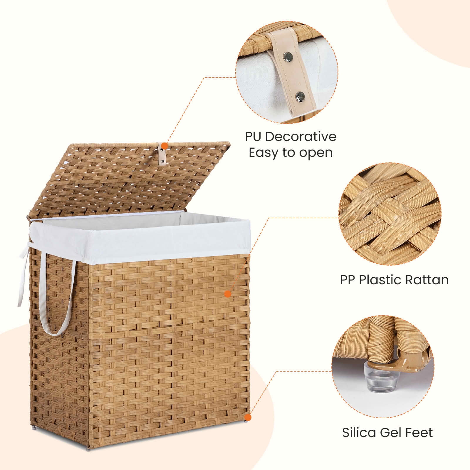 MAYEERTY 110L Hand-Woven PP Rattan Laundry Basket with Lid, Foldable with Compartments Handles