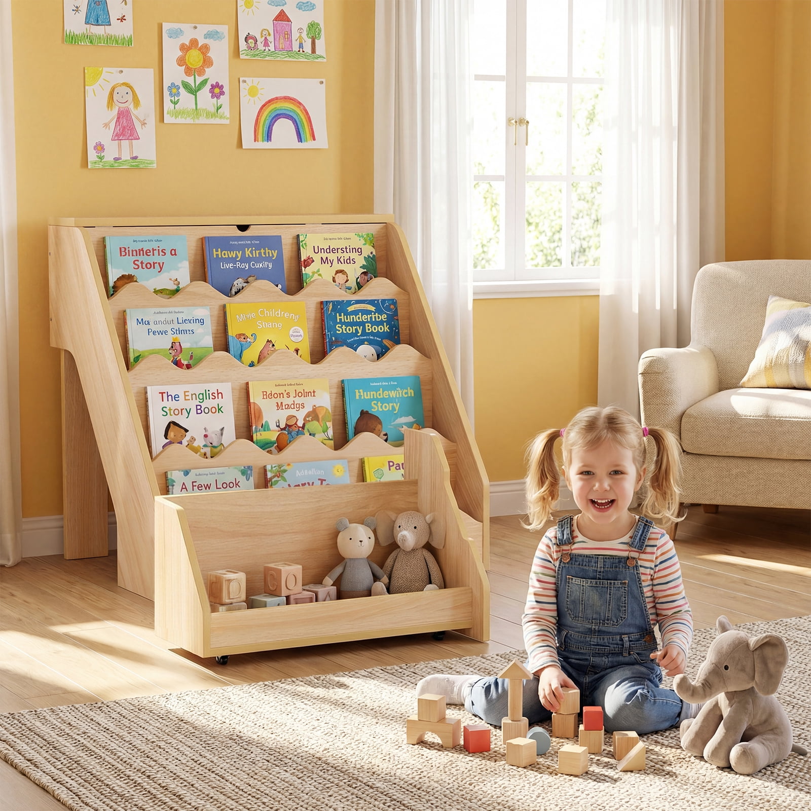 Costway Kids’ Bookshelf & Toy Storage Organizer with Rolling Drawer Cart, 4 Tier Book Shelf Natural