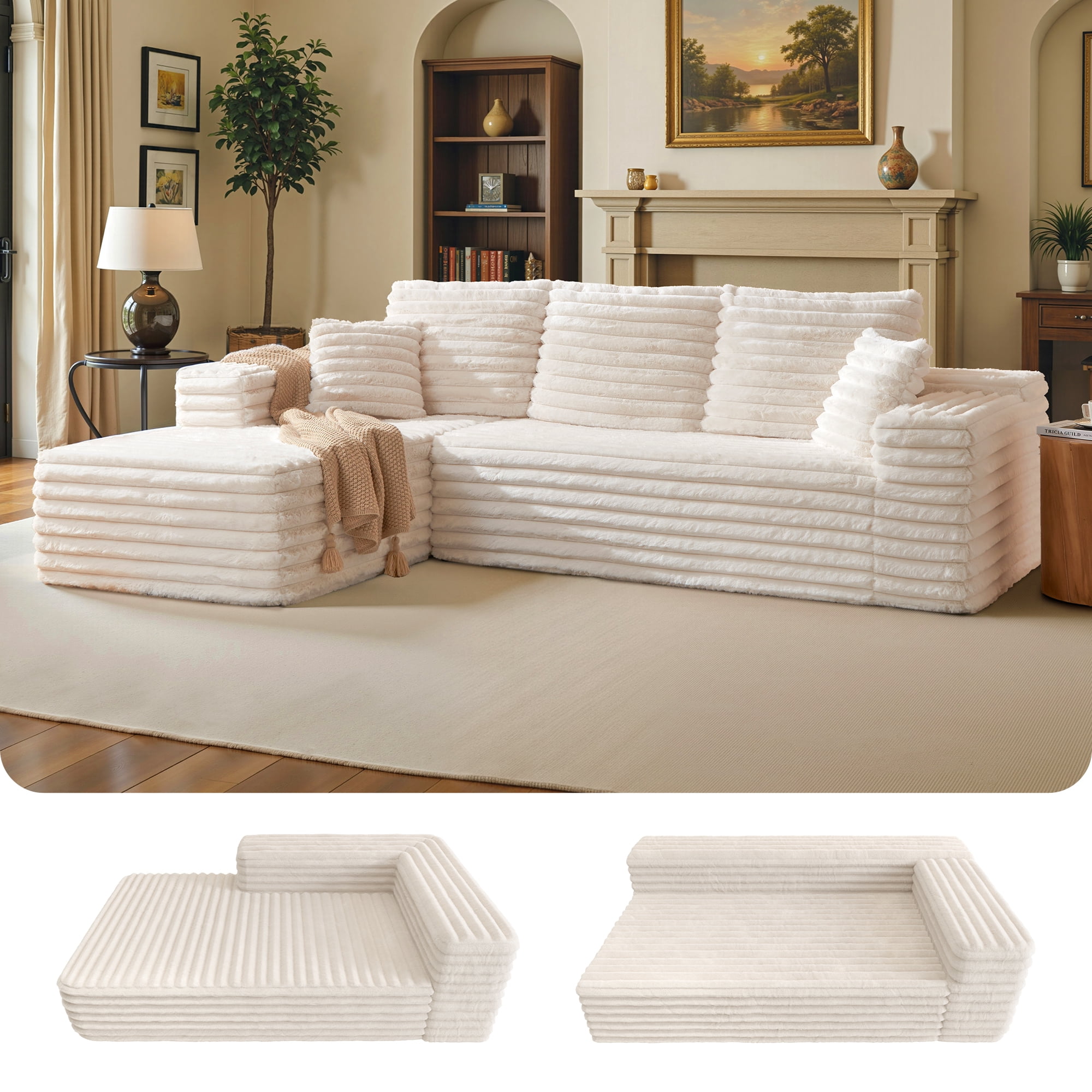 VANACC 106" Sectional Sofa, Morden Deep Seat Oversized Couch with Plush Pillows, Pet-Friendly Upholstery, No Assembly Required, Cream