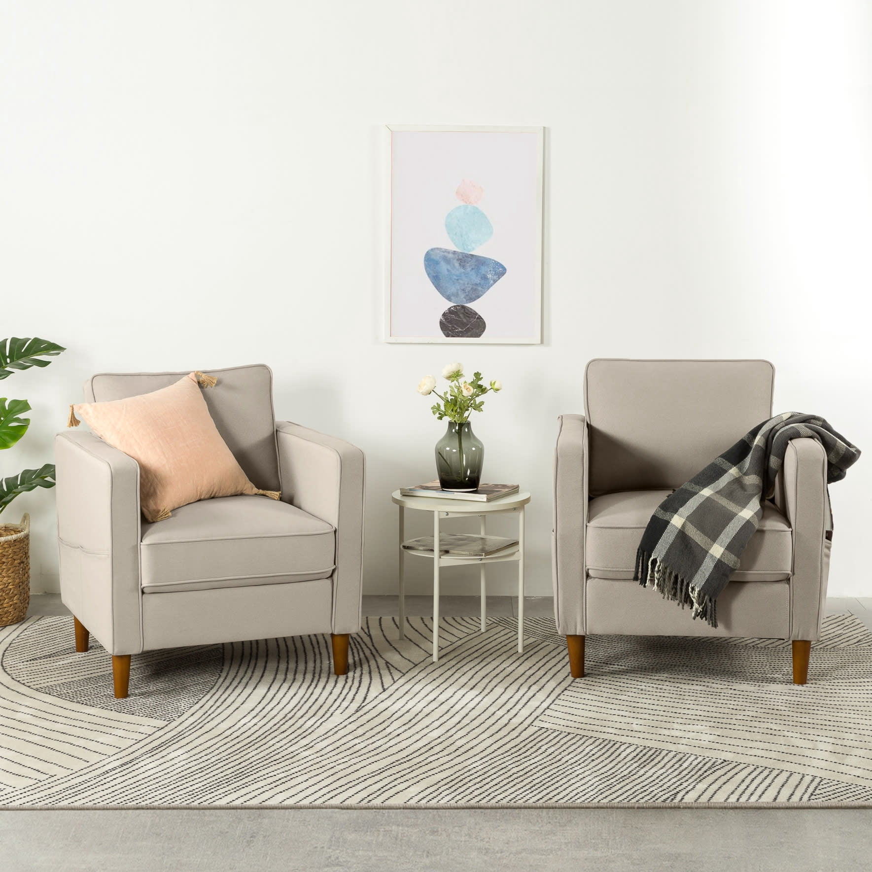 Mellow Hana Modern Fabric Armchair with Armrest Pockets, Sand Gray Beige