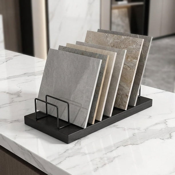Estante organizador portátil de metal para muestras de materiales de construcción. Negro
