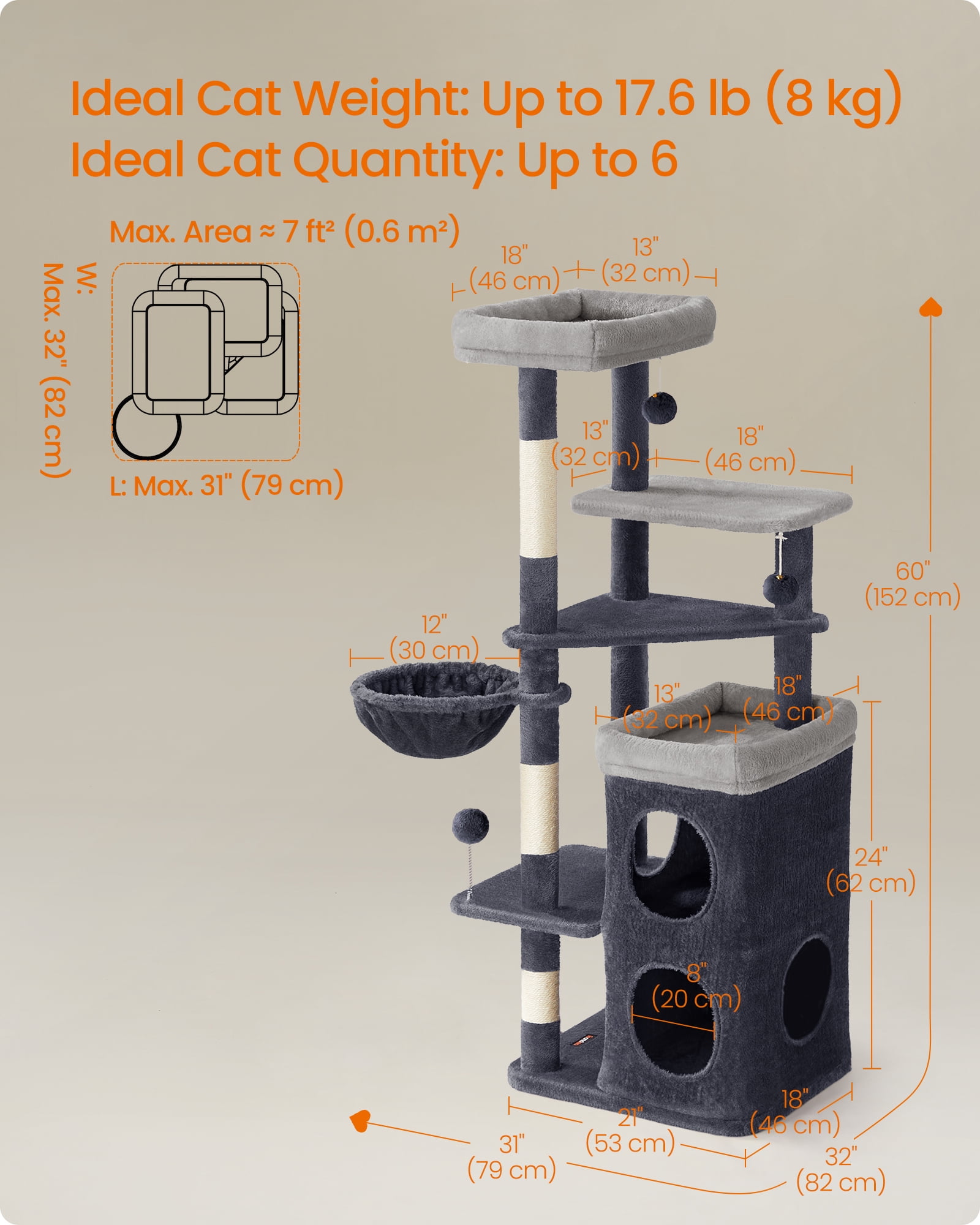 Tall Cat Tree, Multiple-Level Cat Tower with 2 Caves, 3 Scratching Posts, Dark Gray