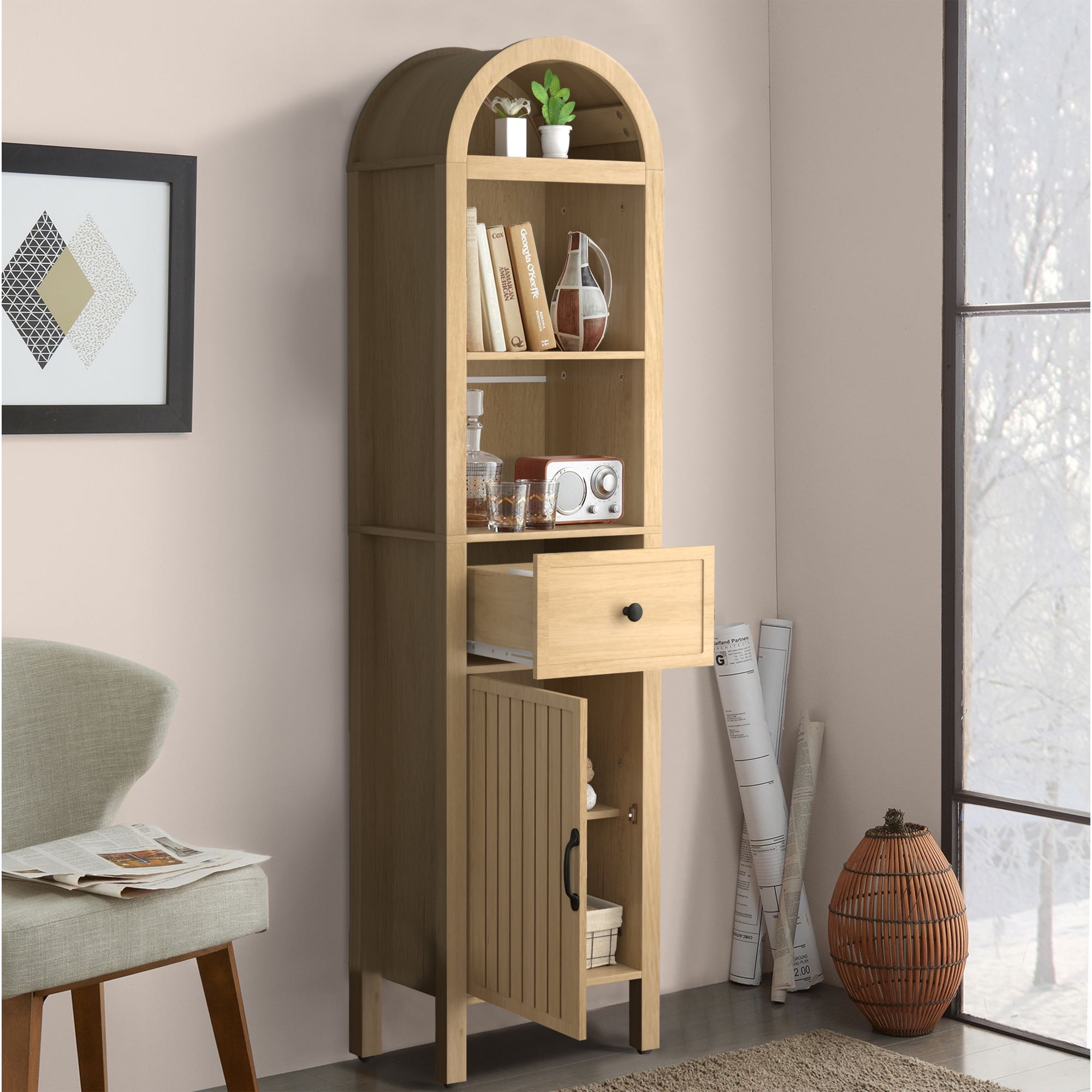 Oubayajia 64" Tall Bathroom Storage Cabinet, Narrow Tall Arched Linen Standing Tower Cabinet, Kitchen Cupboard with Adjustable Shelf and Drawer