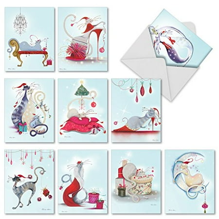 'M3301 CATITUDE FESTIVE FELINES' 10 Assorted All Occasions Note Cards Featuring Stylish Holiday Cats with Envelopes by The Best Card (All The Best Cast)