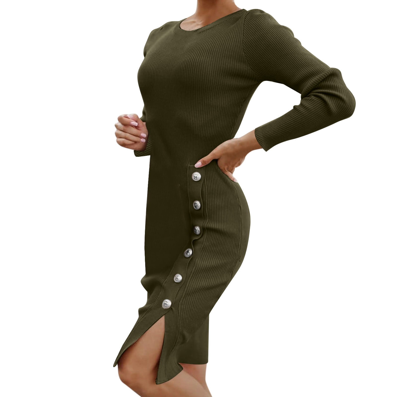 Qipaqil Women Dress Knee Length Dress Long Sleeve Solid Color Vent Button Fall Winter Round Neck Casual Dress Petite Casual Dresses for Summer,