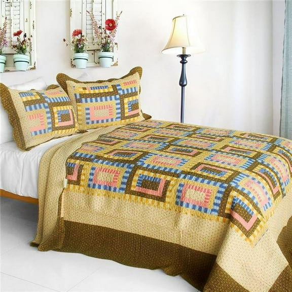 QTS-SJ672-23 Dream High - 3 Pieces Cotton Contained Vermicelli-Quilted Patchwork Quilt Set  Full & Queen Size - Yellow