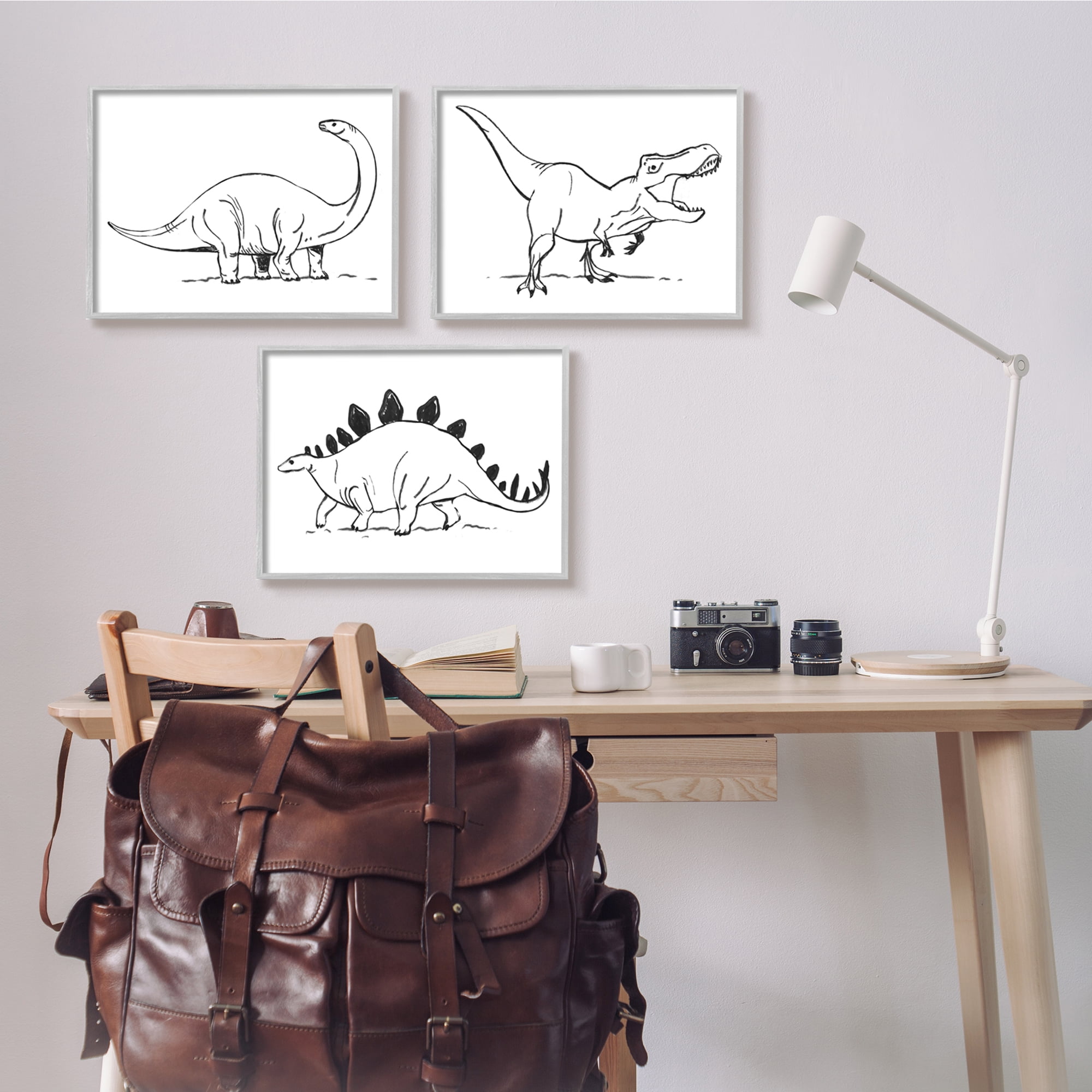 Stupell Industries Dinosaurs Marching Line Drawing Minimal Black White Animals & Insects Painting Gray Framed Art Print Wall Art, 16 x 20, Set of 3