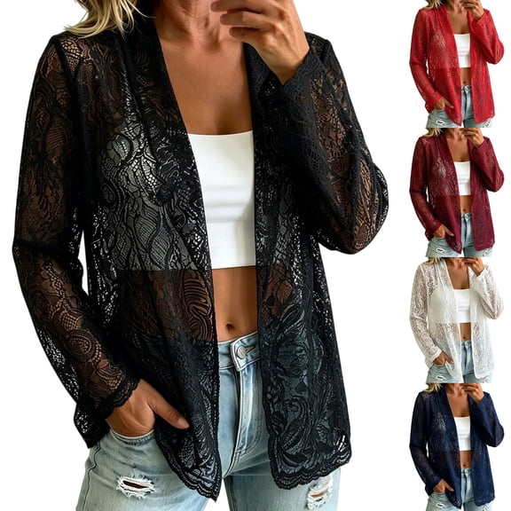 CYYOLLPF Women Casual Boho Hollow Out Fishnet Knit Cardigan Full Zip Hooded Long Sleeve Oversized Fit with Side Pockets Lightweight Beach Swim Cover Up Cruise Daily Outwear Tops Blue M