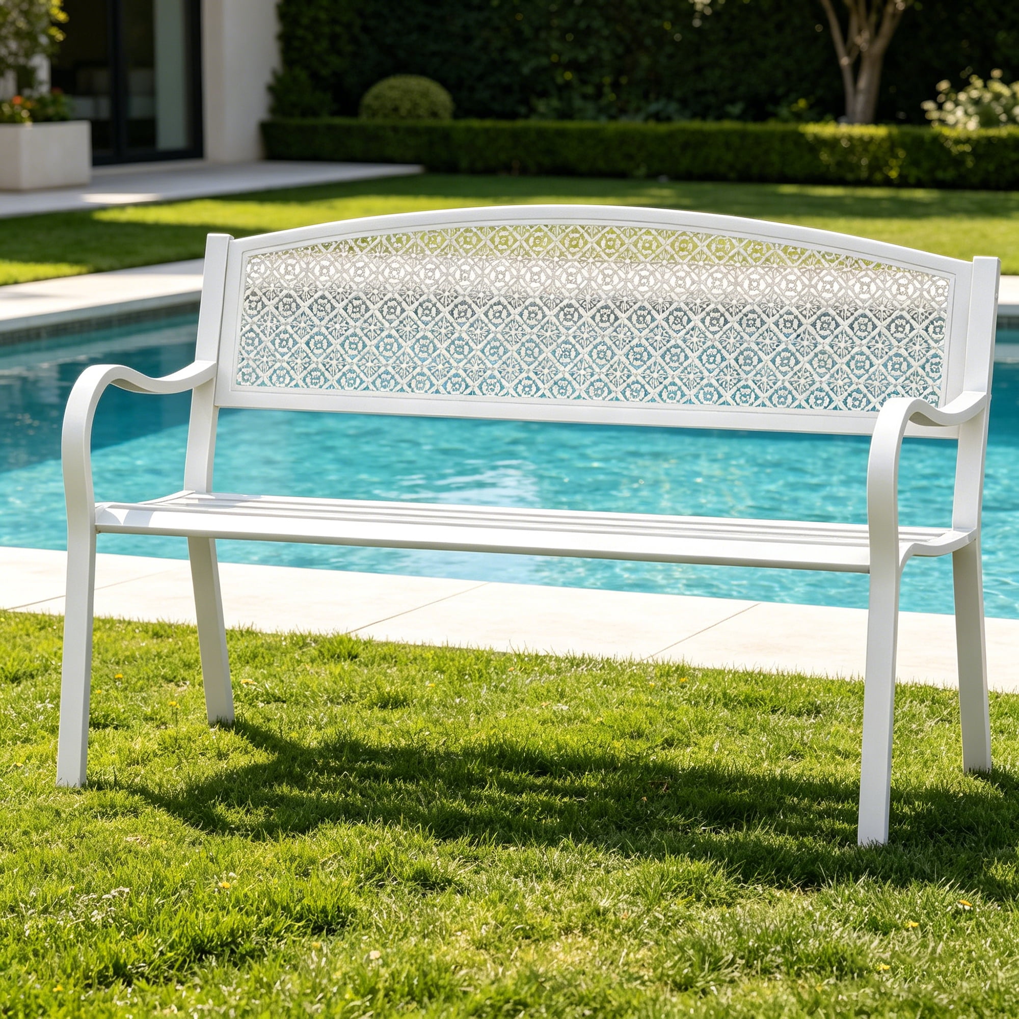 Abble High Back Outdoor Metal Garden Bench Steel Slat Patio Loveseat Park Bench for Porch Yard Lawn Patio Bench, White