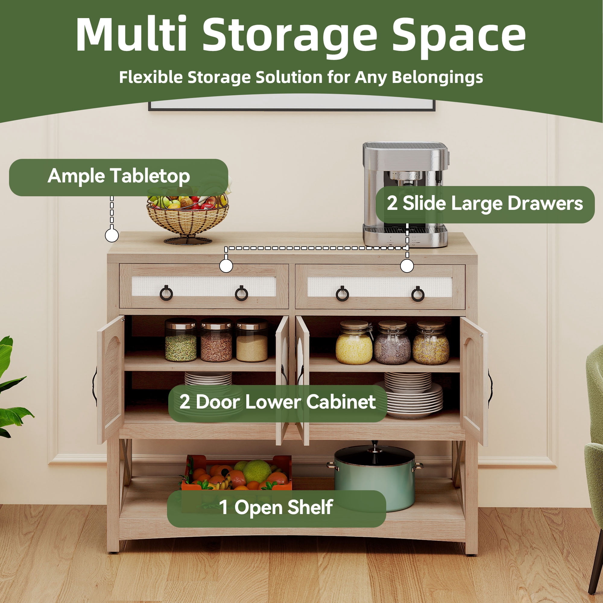 Uforic Buffet Storage Cabinet with Drawers & Doors, 47.2" Kitchen Cabinet with Adjustable Shelves, Oak
